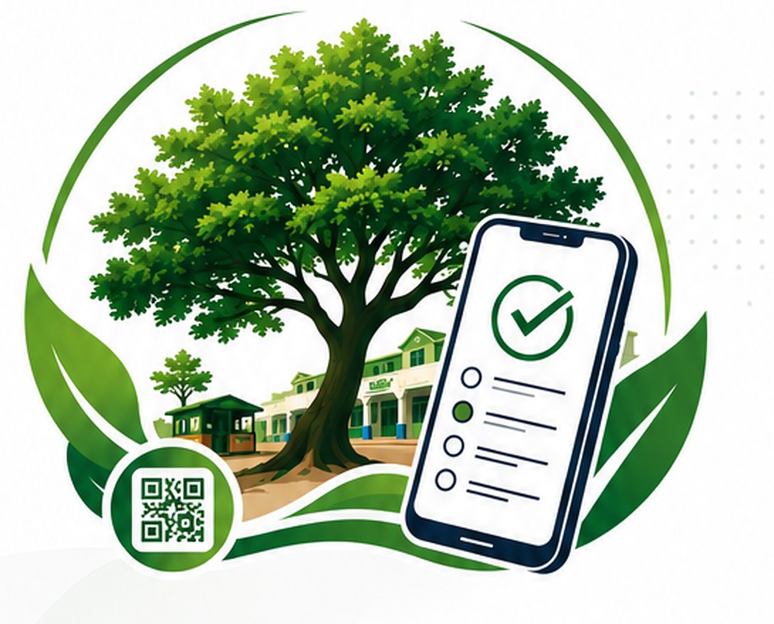 Un arbre et un téléphone affichant une évaluation, avec un QR code